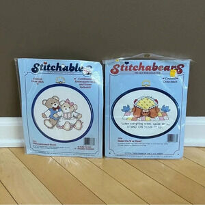 VTG 80’s Stitchables 2 Cross Stitch Kits Old Fashioned Teddy Bears Needlework